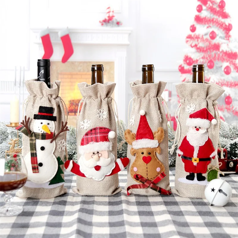 Jute Bag Packaging - Weihnachten Schneemann Santa Claus Weinflasche Geschenk