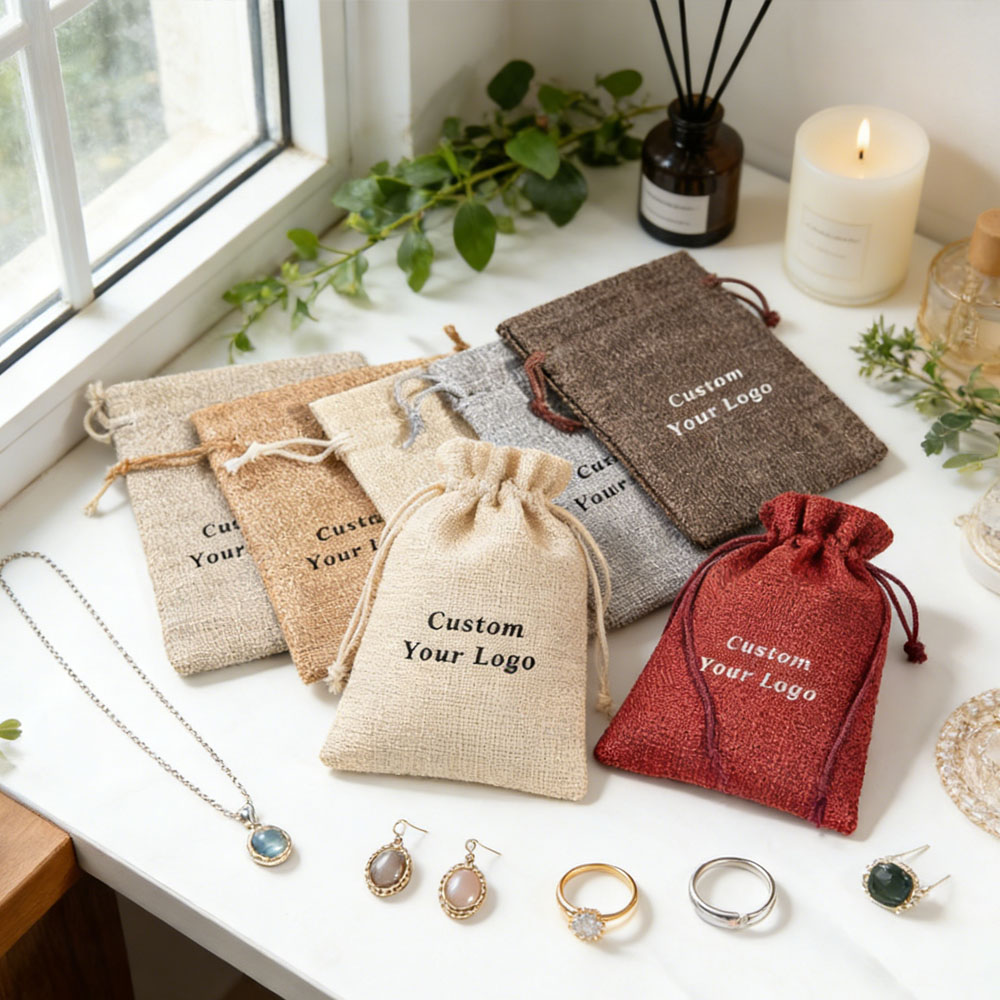 Jute Bag Packaging - 100 Stück personalisierte Logo-Sackleinen-Geschenktüten mit Kordelzug,